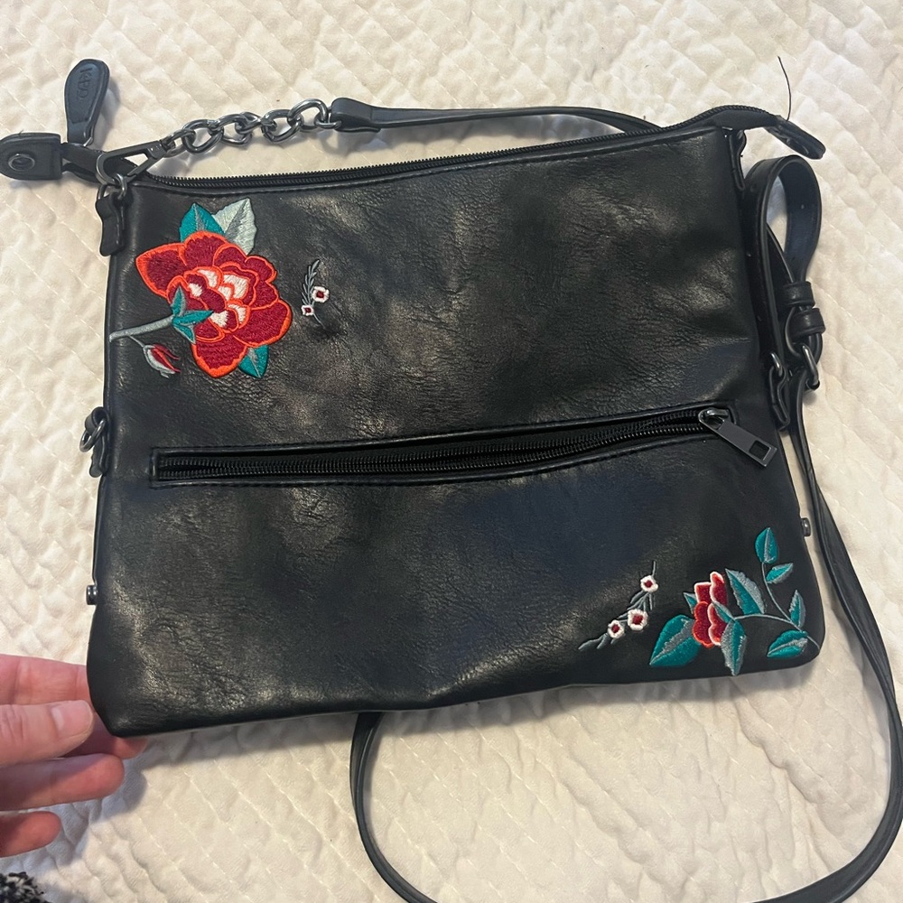 Floral Embroidered Black Crossbody Bag